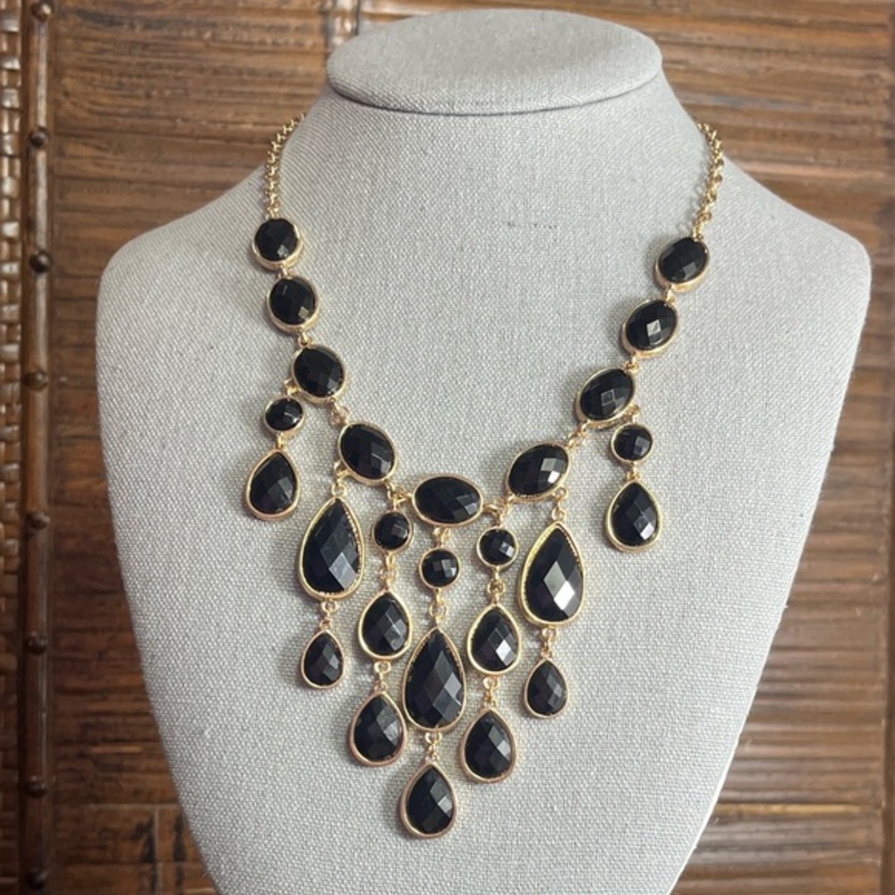 Victorian Style Black Faceted Teardrop Beads on a Gold Tone Bib Necklace